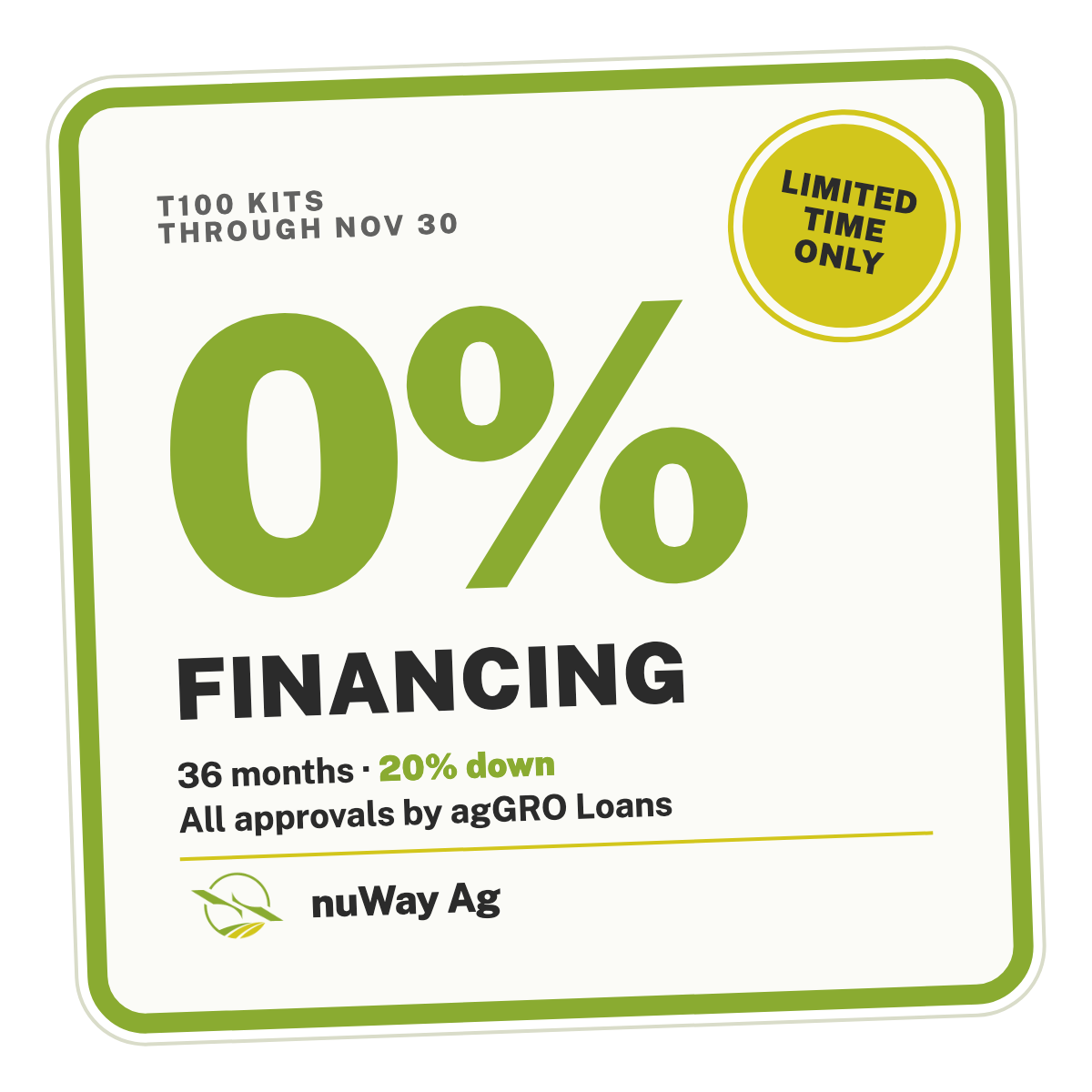 0% financing for 36 months on T100 kits through agGRO Loans, limited time, 20% down