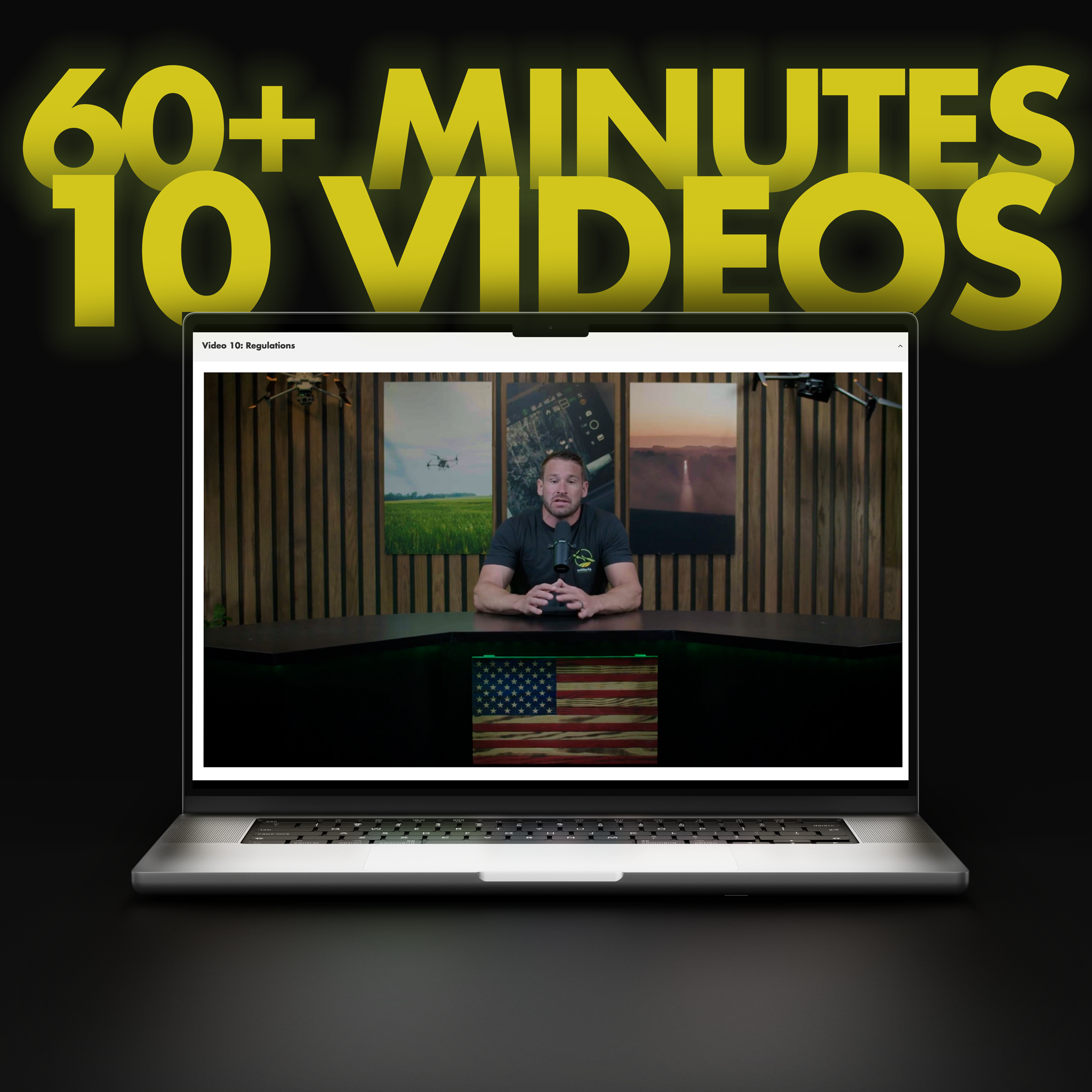 Laptop displaying a video with text '60+ Minutes to Videos' on a dark background
